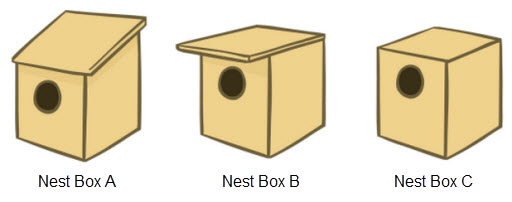3 different nest boxes, labeled A, B and C. All three boxes have a round hole in a box. In Nest Box A, the roof of the box slopes down towards the entry hole. In Nest Box B, the roof hangs over the entry hole, forming an overhang to protect the entry hole. In Nest Box C, the roof is flat and fits the box with nothing hanging past the walls of the box.